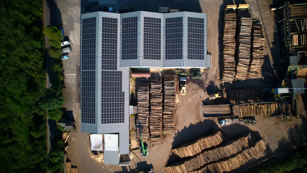 Aerial view of the GP Wood sawmill with solar panels
