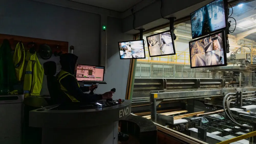 Operator cab overlooking the sawmill line at GP Wood