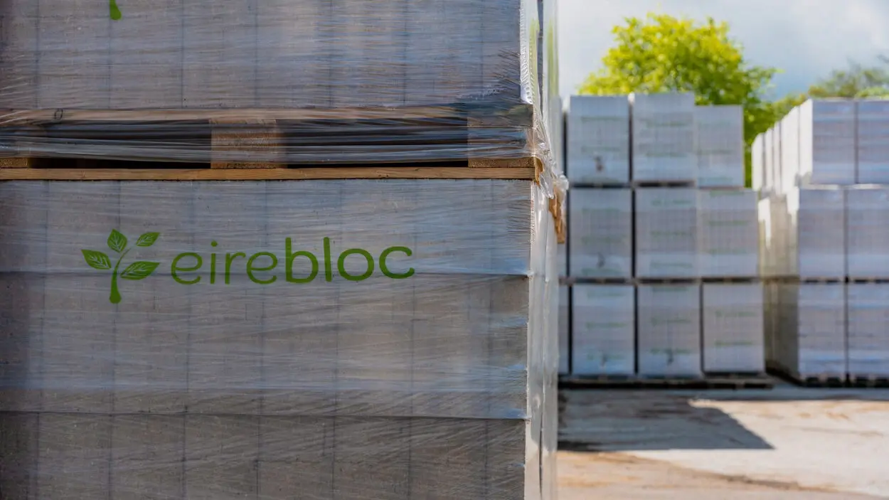 Eirebloc branded pallet blocks stacked at GP Wood